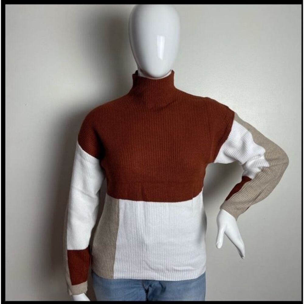 ⭐️CUPSHE‎ Stylish Color Block Turtleneck Sweater Ribbed Knit Fall Winter Casual